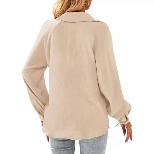 imagePRETTYGARDEN Womens 2023 Fall Fashion Blouse Tops Casual Long Sleeve V Neck Collared Cotton Linen ShirtsApricot