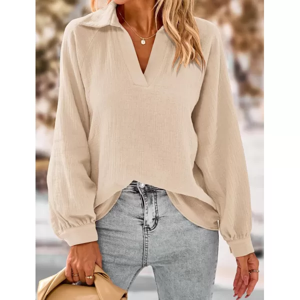 imagePRETTYGARDEN Womens 2023 Fall Fashion Blouse Tops Casual Long Sleeve V Neck Collared Cotton Linen ShirtsApricot