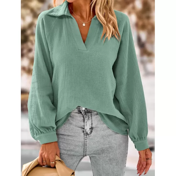 imagePRETTYGARDEN Womens 2023 Fall Fashion Blouse Tops Casual Long Sleeve V Neck Collared Cotton Linen ShirtsAqua Green