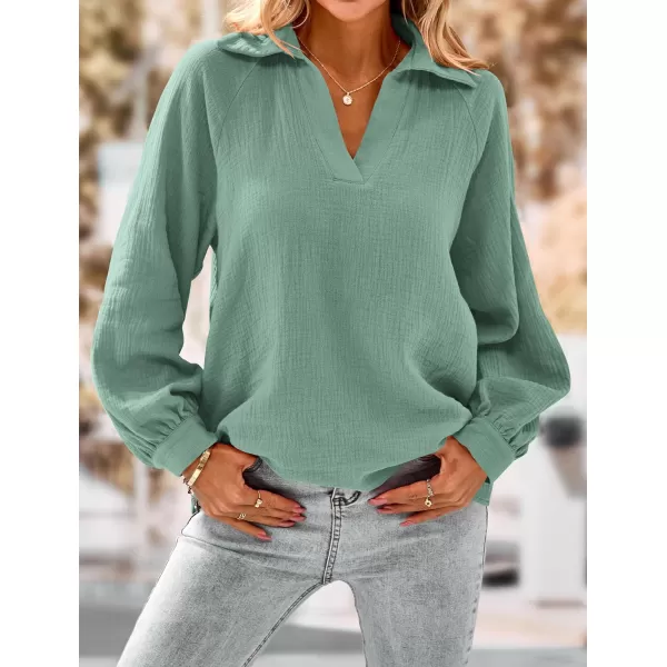 imagePRETTYGARDEN Womens 2023 Fall Fashion Blouse Tops Casual Long Sleeve V Neck Collared Cotton Linen ShirtsAqua Green