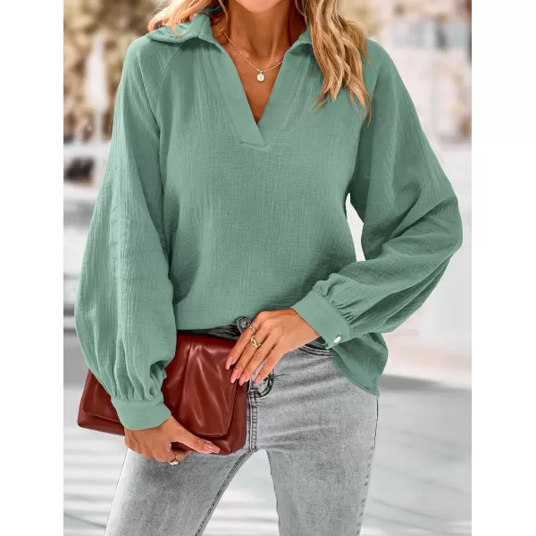 imagePRETTYGARDEN Womens 2023 Fall Fashion Blouse Tops Casual Long Sleeve V Neck Collared Cotton Linen ShirtsAqua Green