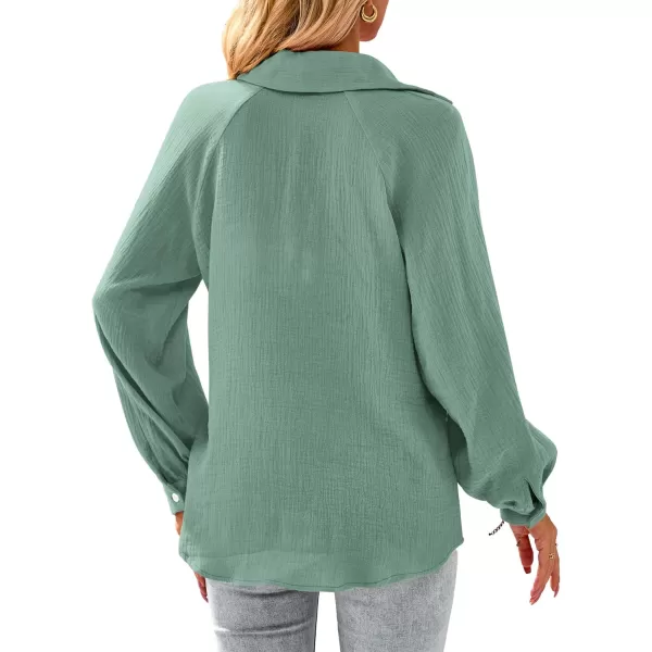 imagePRETTYGARDEN Womens 2023 Fall Fashion Blouse Tops Casual Long Sleeve V Neck Collared Cotton Linen ShirtsAqua Green