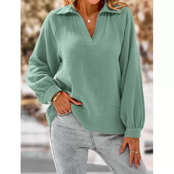 imagePRETTYGARDEN Womens 2023 Fall Fashion Blouse Tops Casual Long Sleeve V Neck Collared Cotton Linen ShirtsAqua Green
