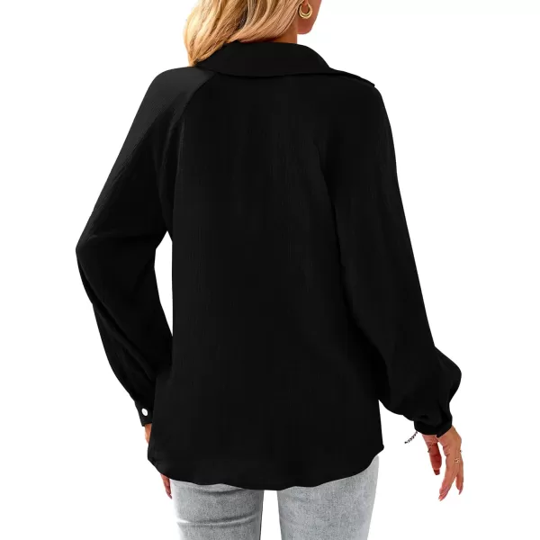 imagePRETTYGARDEN Womens 2023 Fall Fashion Blouse Tops Casual Long Sleeve V Neck Collared Cotton Linen ShirtsBlack