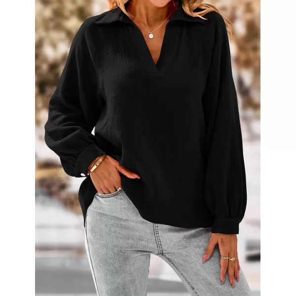 imagePRETTYGARDEN Womens 2023 Fall Fashion Blouse Tops Casual Long Sleeve V Neck Collared Cotton Linen ShirtsBlack