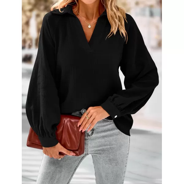 imagePRETTYGARDEN Womens 2023 Fall Fashion Blouse Tops Casual Long Sleeve V Neck Collared Cotton Linen ShirtsBlack