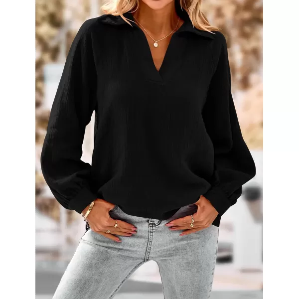 imagePRETTYGARDEN Womens 2023 Fall Fashion Blouse Tops Casual Long Sleeve V Neck Collared Cotton Linen ShirtsBlack