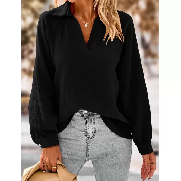 imagePRETTYGARDEN Womens 2023 Fall Fashion Blouse Tops Casual Long Sleeve V Neck Collared Cotton Linen ShirtsBlack