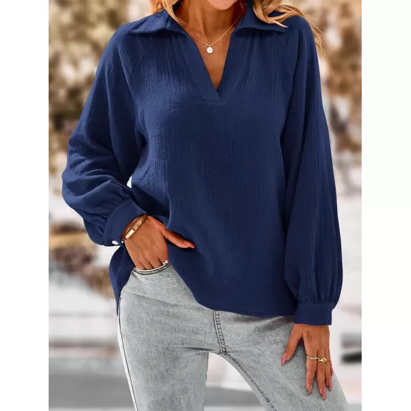 imagePRETTYGARDEN Womens 2023 Fall Fashion Blouse Tops Casual Long Sleeve V Neck Collared Cotton Linen ShirtsDark Blue