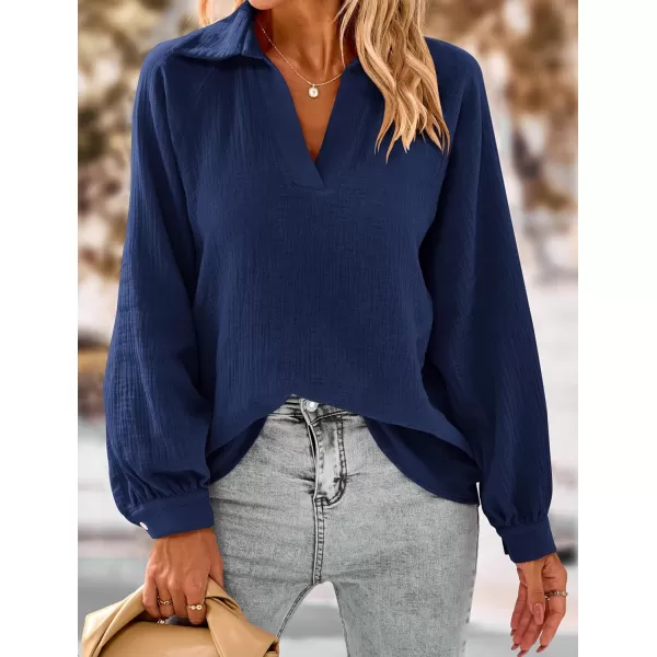 imagePRETTYGARDEN Womens 2023 Fall Fashion Blouse Tops Casual Long Sleeve V Neck Collared Cotton Linen ShirtsDark Blue