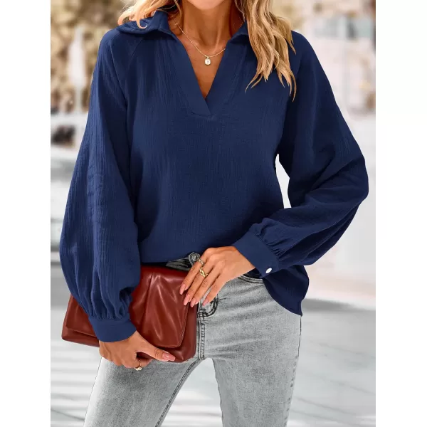 imagePRETTYGARDEN Womens 2023 Fall Fashion Blouse Tops Casual Long Sleeve V Neck Collared Cotton Linen ShirtsDark Blue