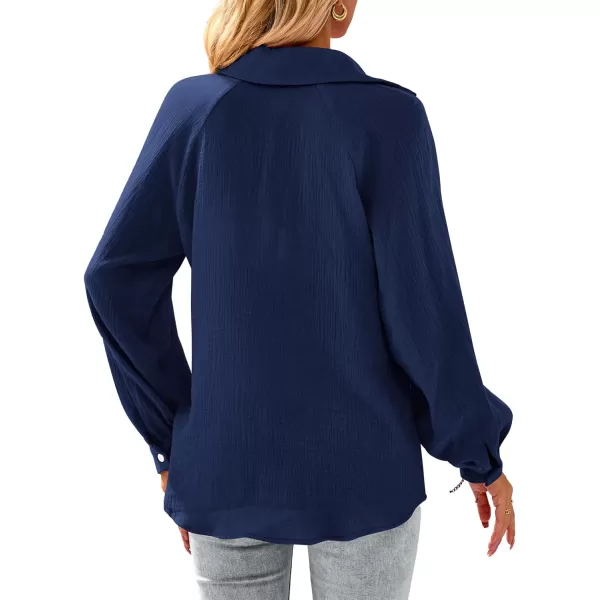imagePRETTYGARDEN Womens 2023 Fall Fashion Blouse Tops Casual Long Sleeve V Neck Collared Cotton Linen ShirtsDark Blue