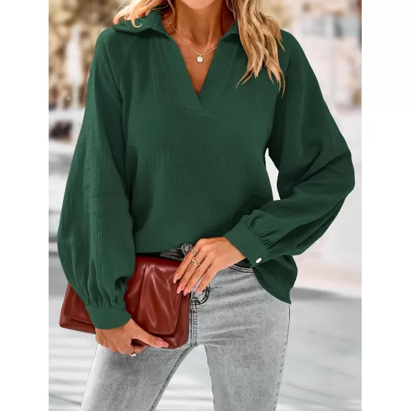 imagePRETTYGARDEN Womens 2023 Fall Fashion Blouse Tops Casual Long Sleeve V Neck Collared Cotton Linen ShirtsDark Green