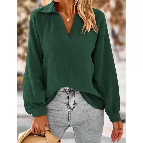 imagePRETTYGARDEN Womens 2023 Fall Fashion Blouse Tops Casual Long Sleeve V Neck Collared Cotton Linen ShirtsDark Green