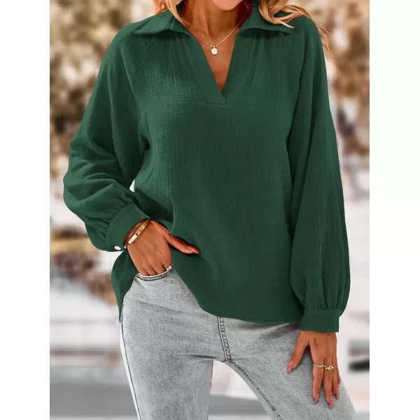 imagePRETTYGARDEN Womens 2023 Fall Fashion Blouse Tops Casual Long Sleeve V Neck Collared Cotton Linen ShirtsDark Green