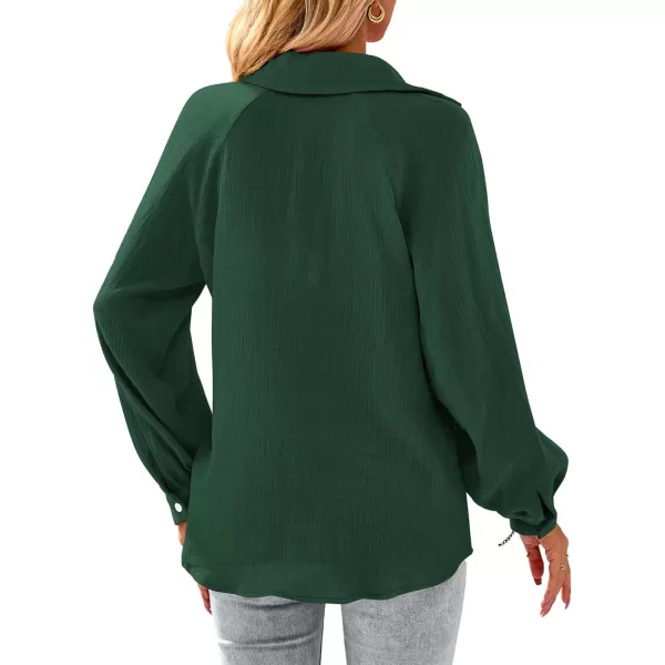 imagePRETTYGARDEN Womens 2023 Fall Fashion Blouse Tops Casual Long Sleeve V Neck Collared Cotton Linen ShirtsDark Green