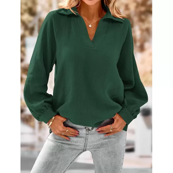 imagePRETTYGARDEN Womens 2023 Fall Fashion Blouse Tops Casual Long Sleeve V Neck Collared Cotton Linen ShirtsDark Green