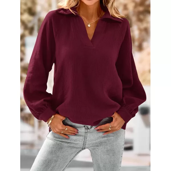 imagePRETTYGARDEN Womens 2023 Fall Fashion Blouse Tops Casual Long Sleeve V Neck Collared Cotton Linen ShirtsDark Red