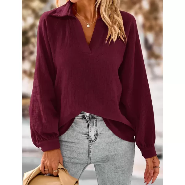 imagePRETTYGARDEN Womens 2023 Fall Fashion Blouse Tops Casual Long Sleeve V Neck Collared Cotton Linen ShirtsDark Red