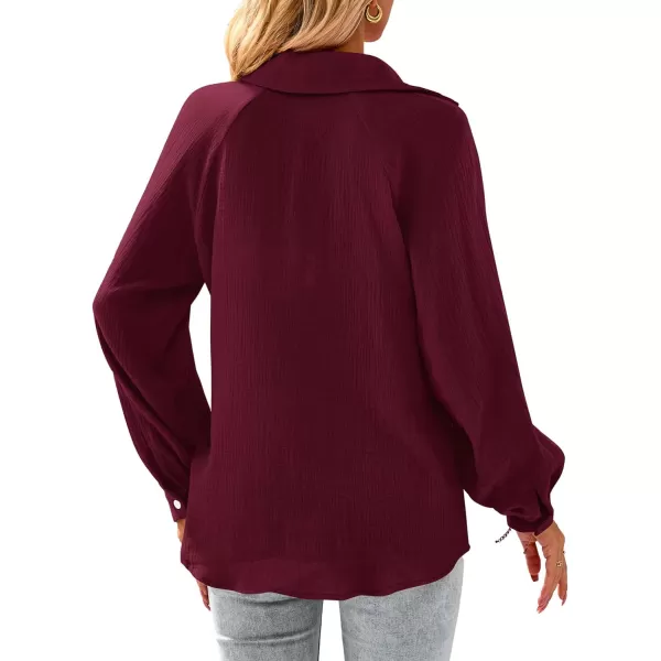 imagePRETTYGARDEN Womens 2023 Fall Fashion Blouse Tops Casual Long Sleeve V Neck Collared Cotton Linen ShirtsDark Red