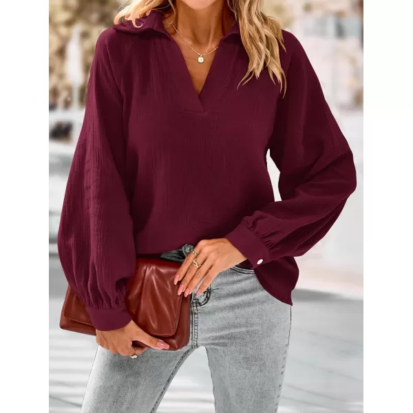 imagePRETTYGARDEN Womens 2023 Fall Fashion Blouse Tops Casual Long Sleeve V Neck Collared Cotton Linen ShirtsDark Red