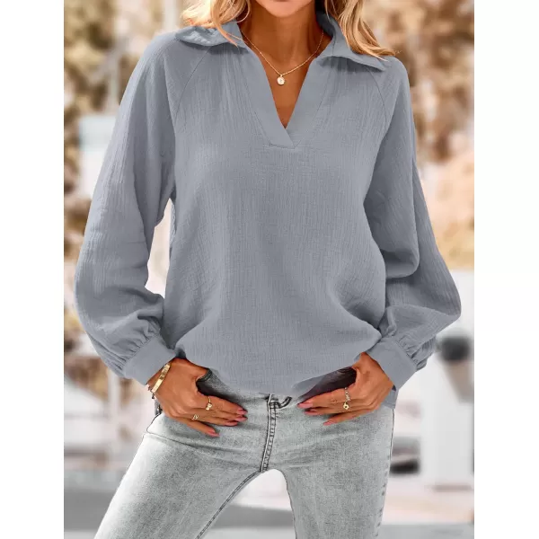 imagePRETTYGARDEN Womens 2023 Fall Fashion Blouse Tops Casual Long Sleeve V Neck Collared Cotton Linen ShirtsGrey