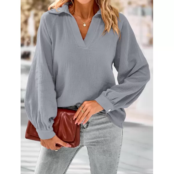 imagePRETTYGARDEN Womens 2023 Fall Fashion Blouse Tops Casual Long Sleeve V Neck Collared Cotton Linen ShirtsGrey