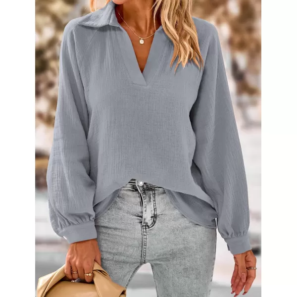 imagePRETTYGARDEN Womens 2023 Fall Fashion Blouse Tops Casual Long Sleeve V Neck Collared Cotton Linen ShirtsGrey