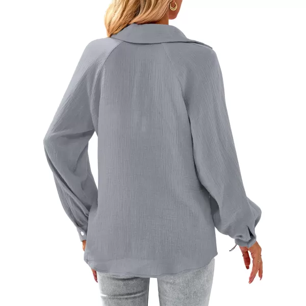 imagePRETTYGARDEN Womens 2023 Fall Fashion Blouse Tops Casual Long Sleeve V Neck Collared Cotton Linen ShirtsGrey