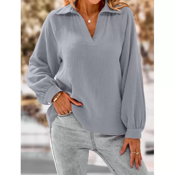 imagePRETTYGARDEN Womens 2023 Fall Fashion Blouse Tops Casual Long Sleeve V Neck Collared Cotton Linen ShirtsGrey