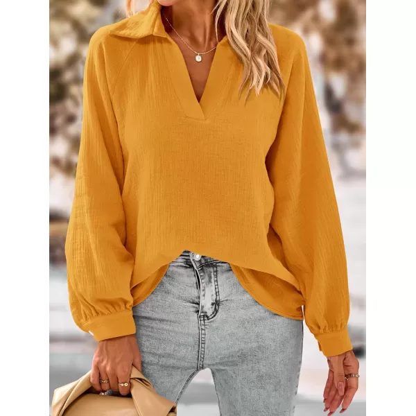 imagePRETTYGARDEN Womens 2023 Fall Fashion Blouse Tops Casual Long Sleeve V Neck Collared Cotton Linen ShirtsLemon Yellow