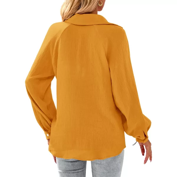imagePRETTYGARDEN Womens 2023 Fall Fashion Blouse Tops Casual Long Sleeve V Neck Collared Cotton Linen ShirtsLemon Yellow