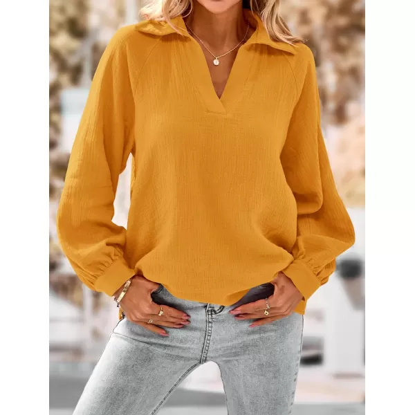 imagePRETTYGARDEN Womens 2023 Fall Fashion Blouse Tops Casual Long Sleeve V Neck Collared Cotton Linen ShirtsLemon Yellow