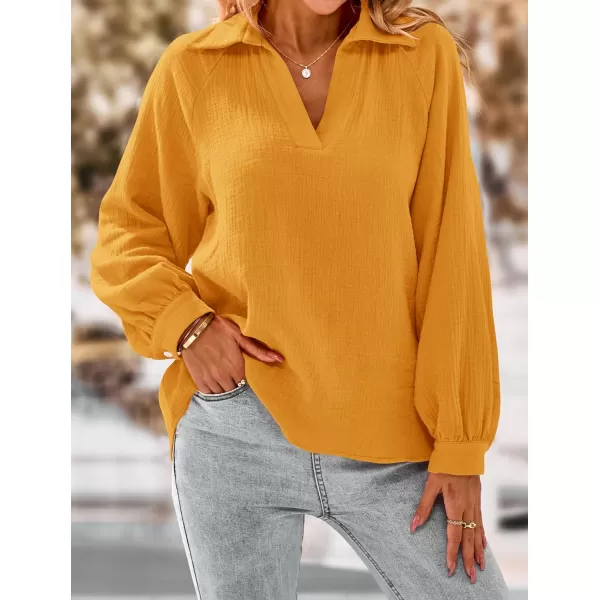 imagePRETTYGARDEN Womens 2023 Fall Fashion Blouse Tops Casual Long Sleeve V Neck Collared Cotton Linen ShirtsLemon Yellow