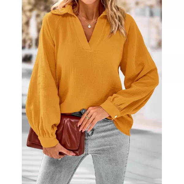 imagePRETTYGARDEN Womens 2023 Fall Fashion Blouse Tops Casual Long Sleeve V Neck Collared Cotton Linen ShirtsLemon Yellow