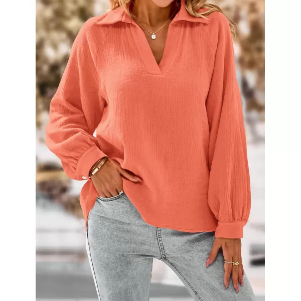 imagePRETTYGARDEN Womens 2023 Fall Fashion Blouse Tops Casual Long Sleeve V Neck Collared Cotton Linen ShirtsLight Orange