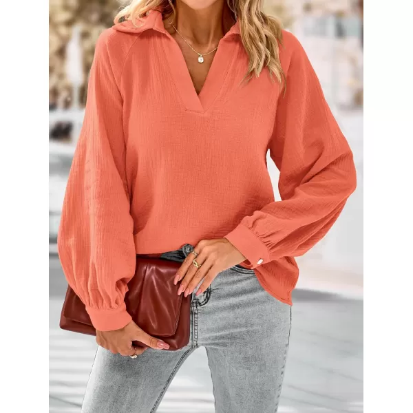 imagePRETTYGARDEN Womens 2023 Fall Fashion Blouse Tops Casual Long Sleeve V Neck Collared Cotton Linen ShirtsLight Orange