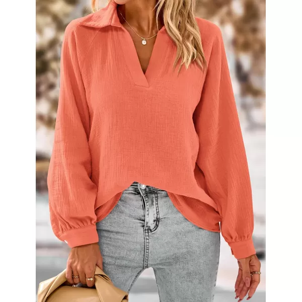 imagePRETTYGARDEN Womens 2023 Fall Fashion Blouse Tops Casual Long Sleeve V Neck Collared Cotton Linen ShirtsLight Orange