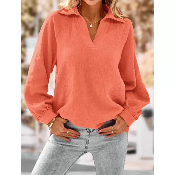 imagePRETTYGARDEN Womens 2023 Fall Fashion Blouse Tops Casual Long Sleeve V Neck Collared Cotton Linen ShirtsLight Orange