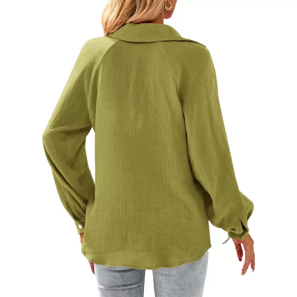 imagePRETTYGARDEN Womens 2023 Fall Fashion Blouse Tops Casual Long Sleeve V Neck Collared Cotton Linen ShirtsYellow Green