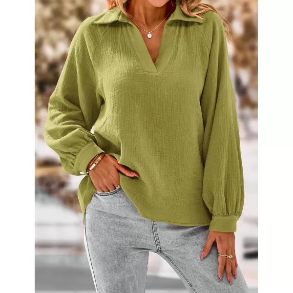 imagePRETTYGARDEN Womens 2023 Fall Fashion Blouse Tops Casual Long Sleeve V Neck Collared Cotton Linen ShirtsYellow Green