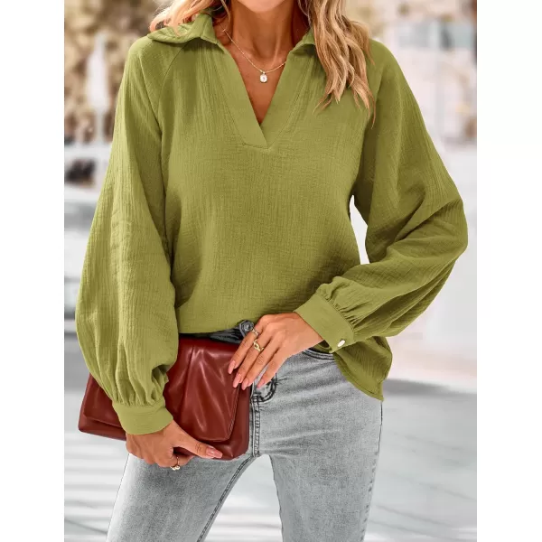 imagePRETTYGARDEN Womens 2023 Fall Fashion Blouse Tops Casual Long Sleeve V Neck Collared Cotton Linen ShirtsYellow Green
