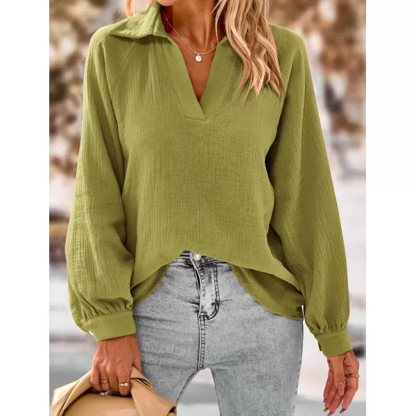 imagePRETTYGARDEN Womens 2023 Fall Fashion Blouse Tops Casual Long Sleeve V Neck Collared Cotton Linen ShirtsYellow Green