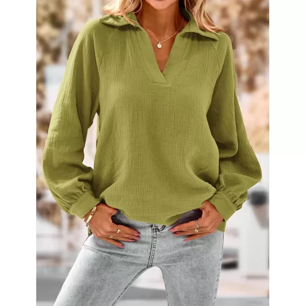 imagePRETTYGARDEN Womens 2023 Fall Fashion Blouse Tops Casual Long Sleeve V Neck Collared Cotton Linen ShirtsYellow Green