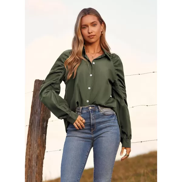 imagePRETTYGARDEN Womens 2023 Fall Fashion Button Down Shirts Ruched Long Sleeve Business Casual Blouse TopsArmy Green