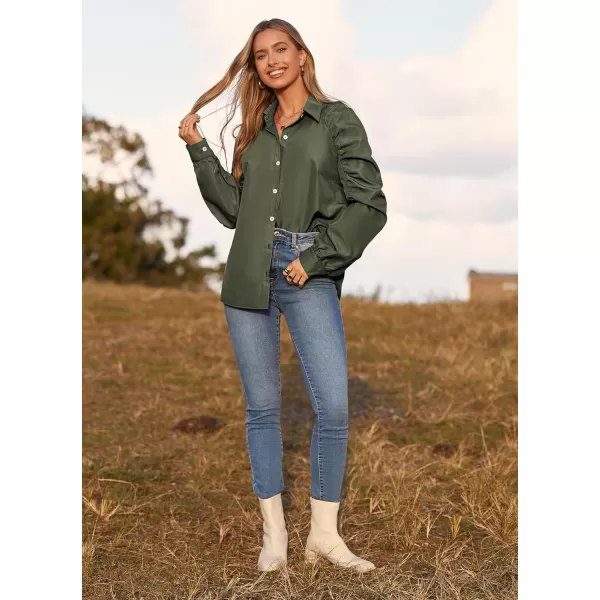 imagePRETTYGARDEN Womens 2023 Fall Fashion Button Down Shirts Ruched Long Sleeve Business Casual Blouse TopsArmy Green