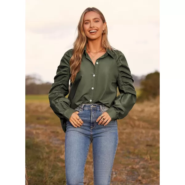 imagePRETTYGARDEN Womens 2023 Fall Fashion Button Down Shirts Ruched Long Sleeve Business Casual Blouse TopsArmy Green