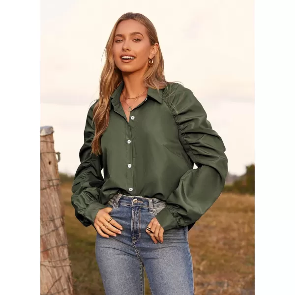 imagePRETTYGARDEN Womens 2023 Fall Fashion Button Down Shirts Ruched Long Sleeve Business Casual Blouse TopsArmy Green