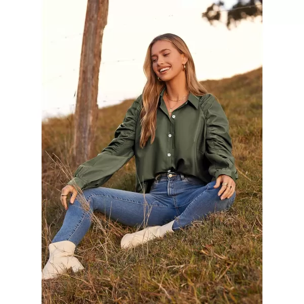 imagePRETTYGARDEN Womens 2023 Fall Fashion Button Down Shirts Ruched Long Sleeve Business Casual Blouse TopsArmy Green