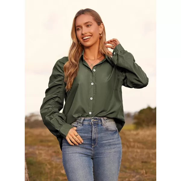 imagePRETTYGARDEN Womens 2023 Fall Fashion Button Down Shirts Ruched Long Sleeve Business Casual Blouse TopsArmy Green
